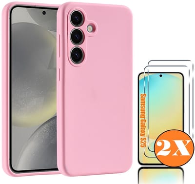 Hoesje geschikt voor Samsung Galaxy S25 Hoesje siliconen Licht Roze zacht TPU backcover - Met gehard glas screenprotector Galaxy S25 / S24 - 2 stuks