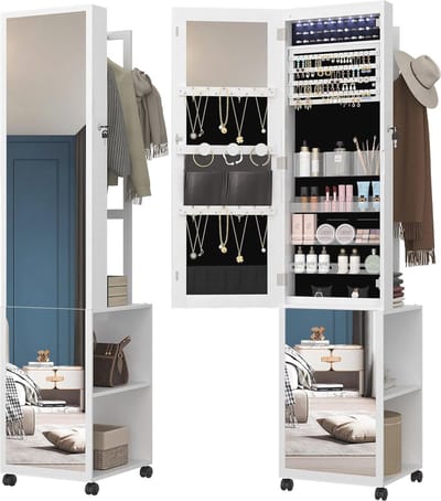 Sieraden Kast met Spiegeltje, 8 LED's en Ruime Opbergruimte - 64 inch Organizer met Kledingrek en Wielen