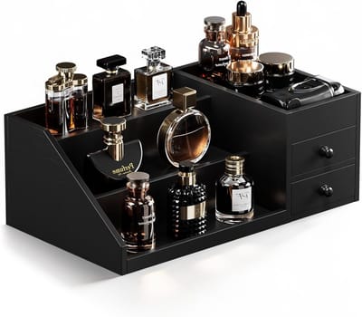 Houten Parfum- en Sieradenstandaard met 3 Niveaus en Lades voor Cologne en Huidverzorging, Organisator voor Mannen, Zwart en Stijlvol Design