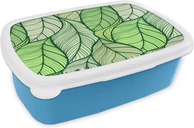 Broodtrommel Blauw - Lunchbox - Brooddoos - Bladeren - Schets - Vintage - Patronen - 18x12x6 cm - Kinderen - Jongen