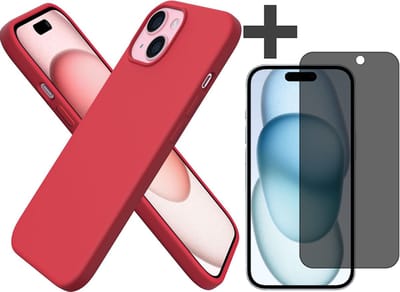 Hoesje met Privacy Screenprotector Geschikt voor iPhone 15 Plus Hoesje Siliconen - liquid case - Arara Backcover - Rood