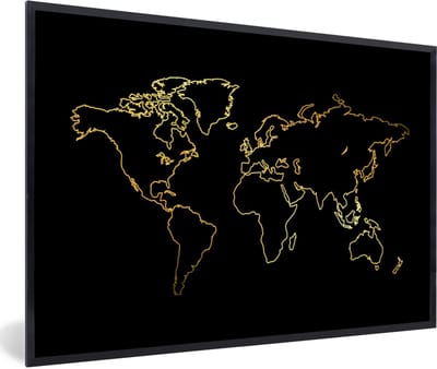 Poster in lijst - Fotolijst 60x40 cm - Posters - Gouden wereldkaart op een zwarte achtergrond - Posterlijst zwart - Decoratie - Wanddecoratie woonkamer - Muurdecoratie slaapkamer
