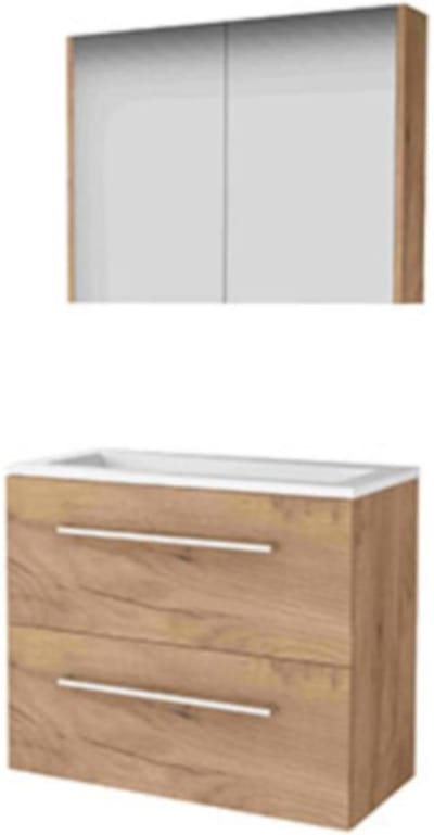 Basic-Line Comfort 39 Badkamermeubelset - Ondiep - 80 x 39 cm - Met Grepen - 2 Lades - Acryl Wastafel - Zonder Kraangat - Spiegelkast - Whisky Oak