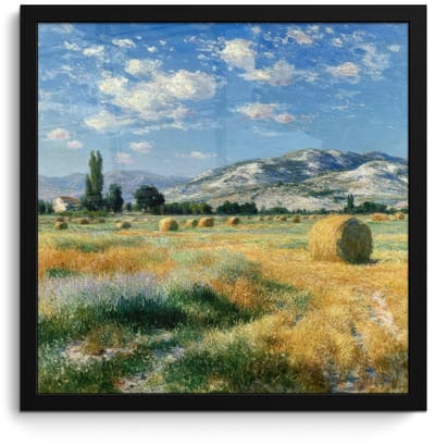 Poster in lijst - Fotolijst 40x40 cm - Posters - Landschap - Strobalen - Bergen - Wolken - Posterlijst zwart - Decoratie - Wanddecoratie woonkamer - Muurdecoratie slaapkamer