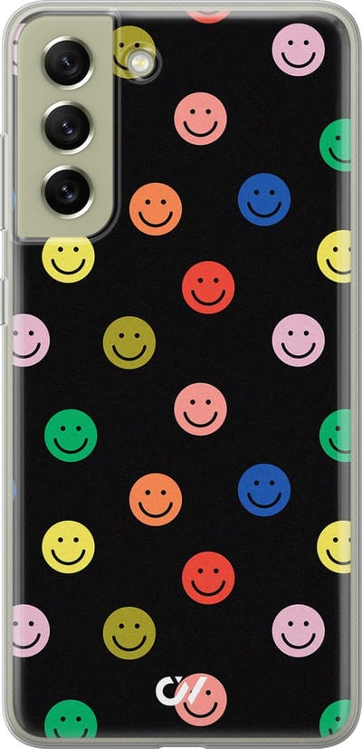 Hoesje geschikt voor Samsung Galaxy S21 FE hoesje - Retro Smileys - - Zwart - - Casevibes