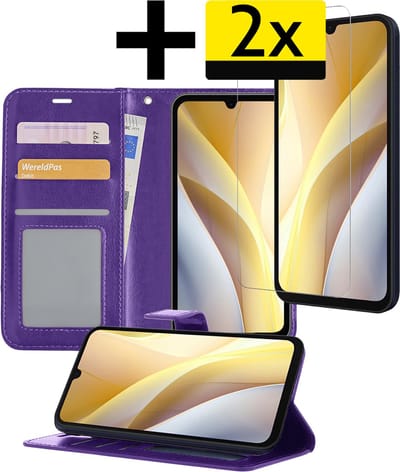 Hoesje - Met 2x Screenprotector - Geschikt voor Samsung Galaxy A15 - Luxe Pasjeshouder - Bookcase Portemonee - Flip Case - Kunstleer Book Case - Flipcase Hoes - Book Cover - Walletcase - Portemonneehoes - Telefoonhoesjes - Paars