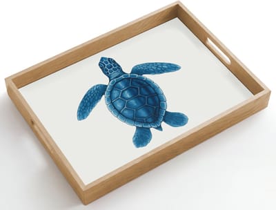Dienblad hout 50x35 cm - Schootdienblad - Schildpad - Blauw - Schild - Borrelplank rechthoek - Plateau dienbladen