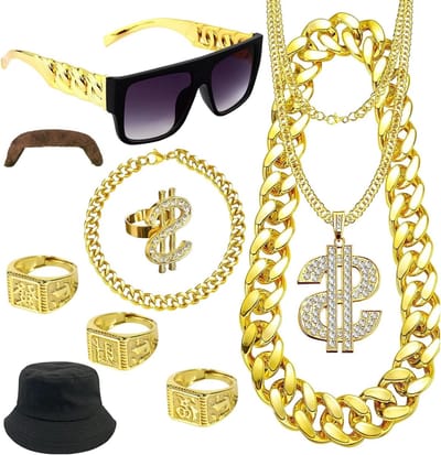 Set van 4 Gouden Kettingen met Dollar Tekens voor Mannen, Hip Hop Kostuumaccessoires, Feest en Carnaval