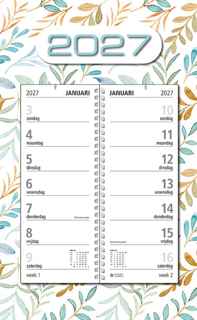 MGPcards - Omlegweekkalender 2027 - Week begint op zondag - 21 x 34 cm - Wit - Bladeren