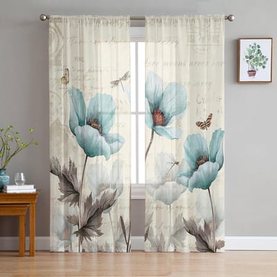 Vintage Bloem Amerikaans Pastorale Groene Libel Voile Transparant Gordijn Woonkamer Raam Tule Gordijn Keuken Slaapkamer Huisdecoratie 135W x 114H(cm) white