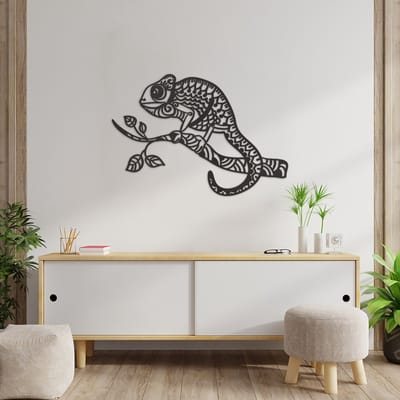 Wanddecoratie Chameleon - Muurdecoratie Hagedis - Muurdecoratie Hout - Wanddecoratie Hout - Muurdecoratie Woonkamer - Wanddecoratie Woonkamer - Wanddecoratie Industrieel - Wanddecoratie Dieren - Home Decor - Wall Line Art - 89 x 54 cm