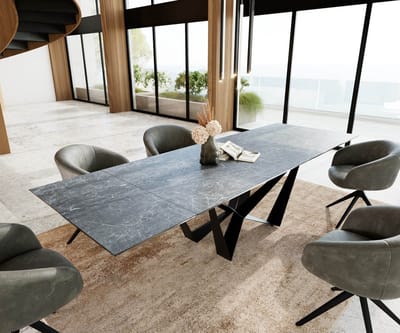 Eetkamertafel Edge keramiek Laminam®Nero Greco grijs 200-300x100 spider vlak staal zwart uitschuifbaar