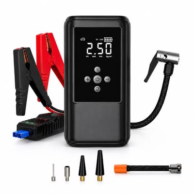 Gloovon® - 12V Jumpstarter voor Auto & Motor - Jumpstarter Met Compressor - 6400 mAh - Starthulp - Noodverlichting - Startkabels - Compressor Bandenpomp - LED-scherm & Powerbank - Noodpakket - Incl. Opbergkoffer