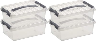 4x sunware q-line opberg box/opbergdoos - 4 liter - 30 x 20 x 10 cm - kunststof - opslagbox - transparant/zilver