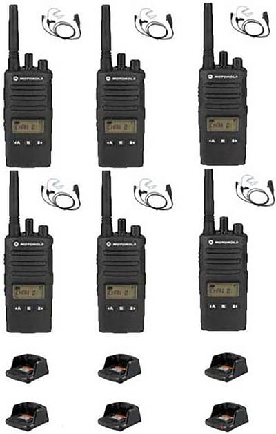Set van 6 Motorola XT460 IP55 PMR446 met beveiliging oortje M1 2-Pins en tafellader