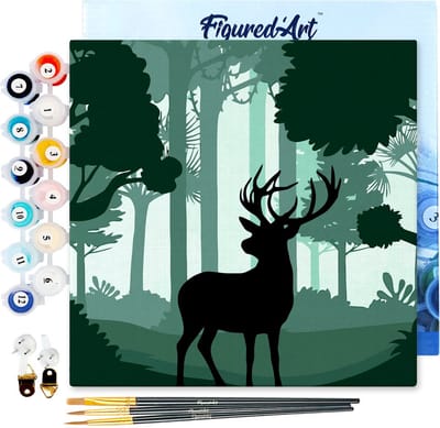 Figured'Art Mini Schilderen op Nummer Volwassenen 20x20cm met lijst Herten op hun hoede - Klein Formaat Creatieve Hobby Kit DIY Art Nummer Compleet