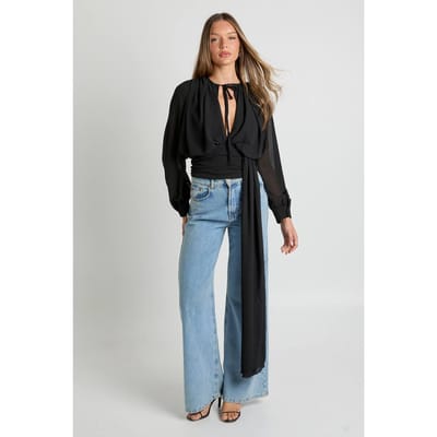boohoo Dames Drapeerde chiffon blouse met diepe V-hals | Zwart | Maat: 34