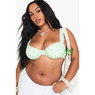 boohoo Dames Plus Floral Onderbeugelde Balkon Bikini Top | Yellow | Maat: 26