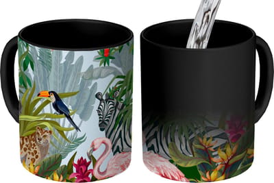 Magische Mok - Foto op Warmte Mokken - Koffiemok - Jungle - Natuur - Jongens - Meisjes - Kinderen - Zebra - Flamingo - Magic Mok - Beker - 350 ML - Theemok