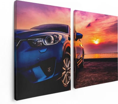 Artaza Canvas Schilderij Tweeluik Blauwe Sportwagen Auto Bij Zonsondergang - 120x80 - Foto Op Canvas - Canvas Print