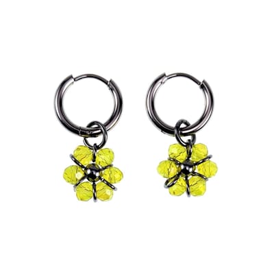 ∅14mm x 2mm Oorringen Dames - Gepolijst RVS - Geel Gefacetteerde Kristallen Bloem Hanger - Bungelende Oorbellen