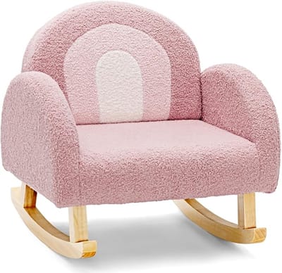 Kinder Schommelstoel - Teddy Fluweel Zachte Zitbank met Massief Houten Poten - Roze Kindermeubel voor Slaapkamer