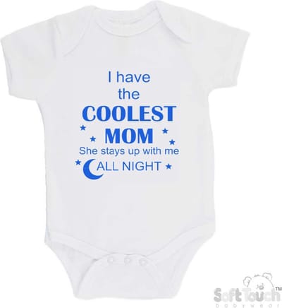 100% katoenen Romper "I have the coolest mom She stays up with me all night" Jongens Katoen Wit/blauw Maat 56/62