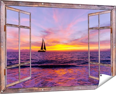 Gards Tuinposter Doorkijk Zeilboot Silhouet bij Zonsondergang - 150x100 cm - Tuindoek - Tuindecoratie - Wanddecoratie buiten - Tuinschilderij