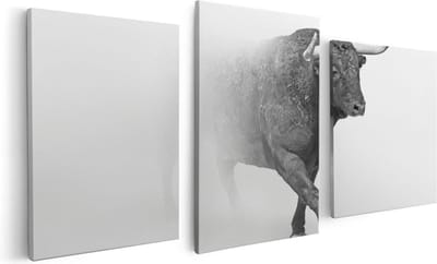 Artaza Canvas Schilderij Drieluik Stier Op Een Grijze Achtergrond - Zwart Wit - 120x60 - Foto Op Canvas - Canvas Print