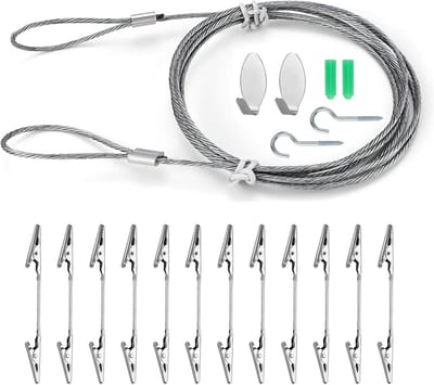 Dailygoods- Fototouw 1,5 m - 12 Krokodillenklemmen - Fotokabel - Fotodraad - Stalen Kabel - Verstelbare Haak