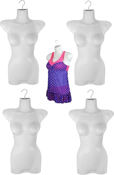 5 stuk Vrouwelijke torso met haak in kleur witte met holle rug, zeer licht gewicht en stapelbaar, perfect om mee te nemen voor verkoop van kledingstuk op markt of rommelmarkt.