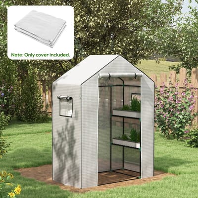 MEUNIQ kasfolie vervanghoes 140 x 73 x 190 cm, PE-folie met UV-bescherming, oproldeur met rits, zijramen en verstevigd raster, wit, voor kas of tomatenkas