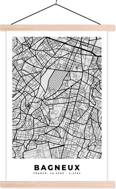 Posterhanger incl. Poster 40x60 cm - Schoolplaat - Bagneux – Plattegrond - Frankrijk – Kaart – Stadskaart - Textielposter - Blanke latten - Stadskaart