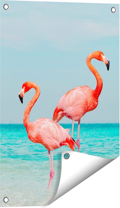 Gards Tuinposter Twee Flamingo's in het Water - 40x60 cm - Tuindoek - Tuindecoratie - Wanddecoratie buiten - Tuinschilderij