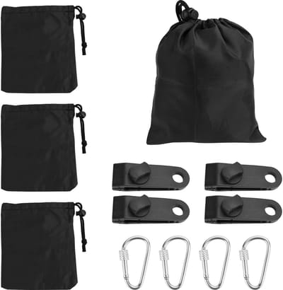 gewichtstas, 4 gewichtszakken en 4 karabijnhaken, 4 clips, tafelkleedgewichten voor buiten, gordijngewichten, outdoor, zandzak, gewicht voor camping, tafelkleed, outdoor gordijnen