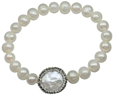Wit elastisch zoetwater parel armband met stras steentjes Bling Coin Pearl - echte parels - wit - zwart - stras steentjes - elastisch - luxe sieraden doosje - parel armband dames - zoetwaterparel - wit parel armband - elastisch parel armband