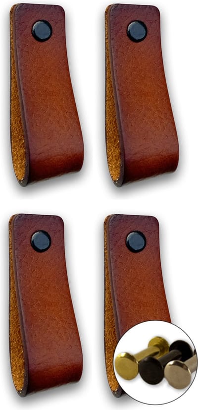 Leren handgrepen - Cognac - 4 stuks - 16,5 x 2,5 cm - incl. 3 kleuren schroeven - Handgrepen leer - Leren meubelgreep - Leren handvaten kast - Leren lus - Handgreep kast leer - Leren greepjes - Handvat leer - Leren deurgreep - Leren handgreep cognac