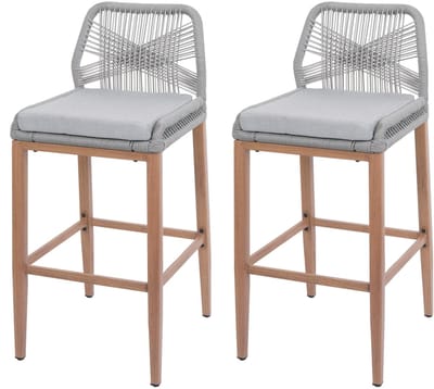 Set van 2 Touw barkrukken MCW-O21, buiten zitkussen touw vlechtwerk metaal hout-look ~ lichtgrijs, kussen lichtgrijs