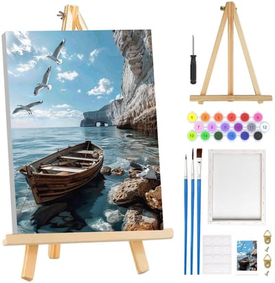 Dailygoods- Schilderen op Nummer - Meerlandschap met Frame - Eenvoudig Doe-Het-Zelf - Voor Volwassenen/Beginners - Wanddecoratie - Canvas 8 x 30,5 cm - Verfset