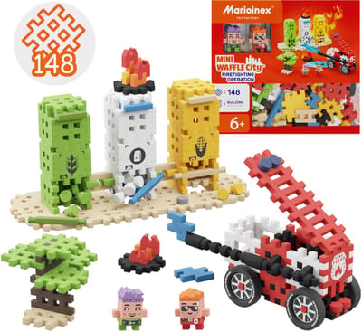 Marioinex Mini Waffle City: Brandweeractie, bouwblokkenset, zachte blokken voor kinderen, veilig, 148 stuks