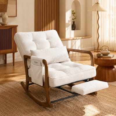Schommelstoel - Relaxstoel - Babykamer - Fauteuil - Ergonomisch - Verstelbare rugleuning - Met zijzakken - Met voetpedaal - Met lendensteun - Houten stoelpoten - Modern design - Stof - Beige