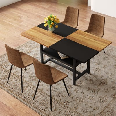 MIVRAY Eettafelset 160 cm - Met Opbergplank En 4 Eetkamerstoelen - Voor Keuken En Eethoek - Stof MDF Metaal - Bruin Zwart