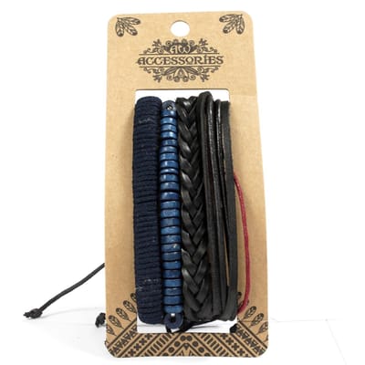 Heren Armband Set – Moody & Blue - Imitatieleer - Kralen - Zwart - Blauw