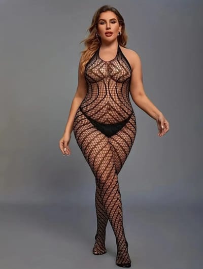 LekkerStout Plus Size Bodystocking - Visnet - Zwart - Sexy Lingerie | M-XL | ( LS231 )