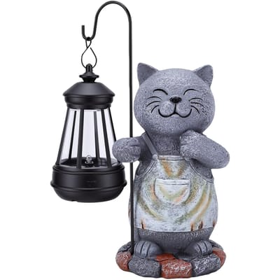 Décor Chat Solaire pour Jardin Statue Résine Résistante aux Intempéries Lanterne Lumière Chaude Décoration Extérieure pour Cour Cheminée Patio Porche