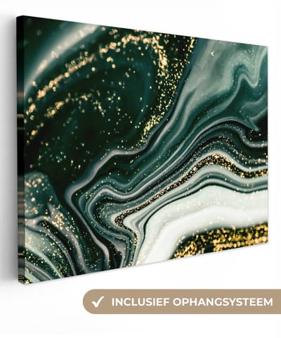 Canvas schilderij 120x90 cm - Wanddecoratie Marmerlook - Goud - Groen - Glitter - Design - Marmer - Muurdecoratie woonkamer - Slaapkamer decoratie - Kamer accessoires - Schilderijen op canvas