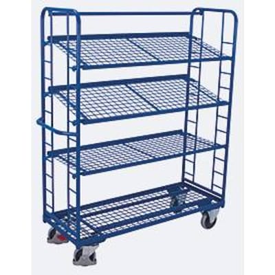 Etagewagens, staal/gaas, gentiaanblauw, 4 etages, 1355 x 550 mm, kopwanden met ronde stalen verstevigingen, EasySTOP, tot 250 kg