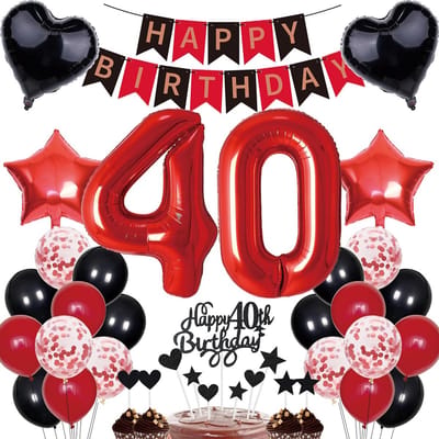 Decoratieset voor 40ste verjaardag - Ballonnen, slingers en taartdecoratie in zwart-rood
