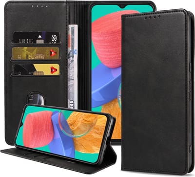 Smartphonica Telefoonhoesje geschikt voor Samsung Galaxy M33 kunstleren Hoesje met Magnetische sluiting en Pasjeshouders Book Case met Klepje - Zwart geschikt voor Samsung Galaxy M33 5G