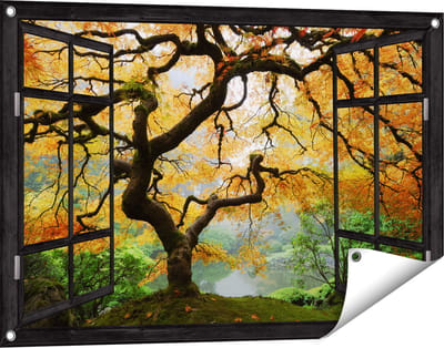 Gards Tuinposter Doorkijk Oude Knoestige Boom - 90x60 cm - Tuindoek - Tuindecoratie - Wanddecoratie buiten - Tuinschilderij